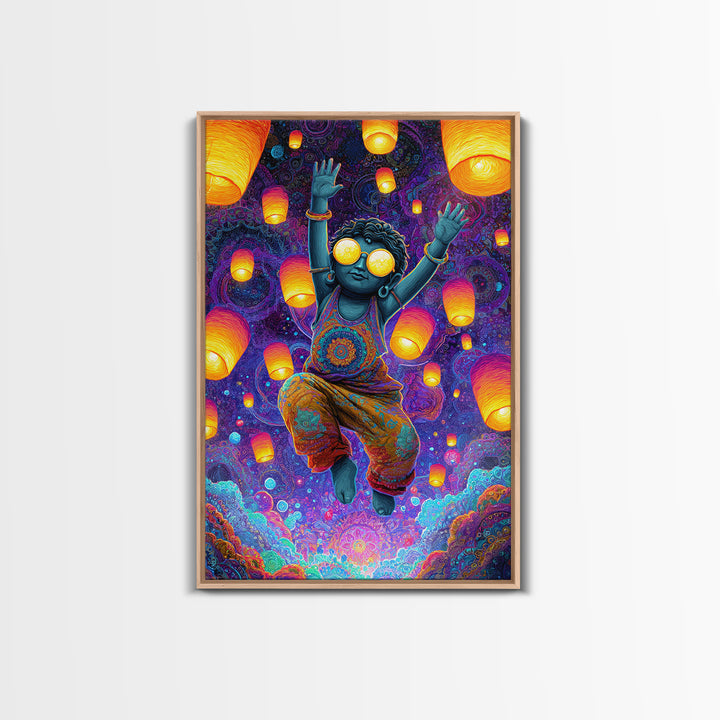 Joyful Blue Child With Lanterns Colorful Abstract Painting Wall Art For Kids Room