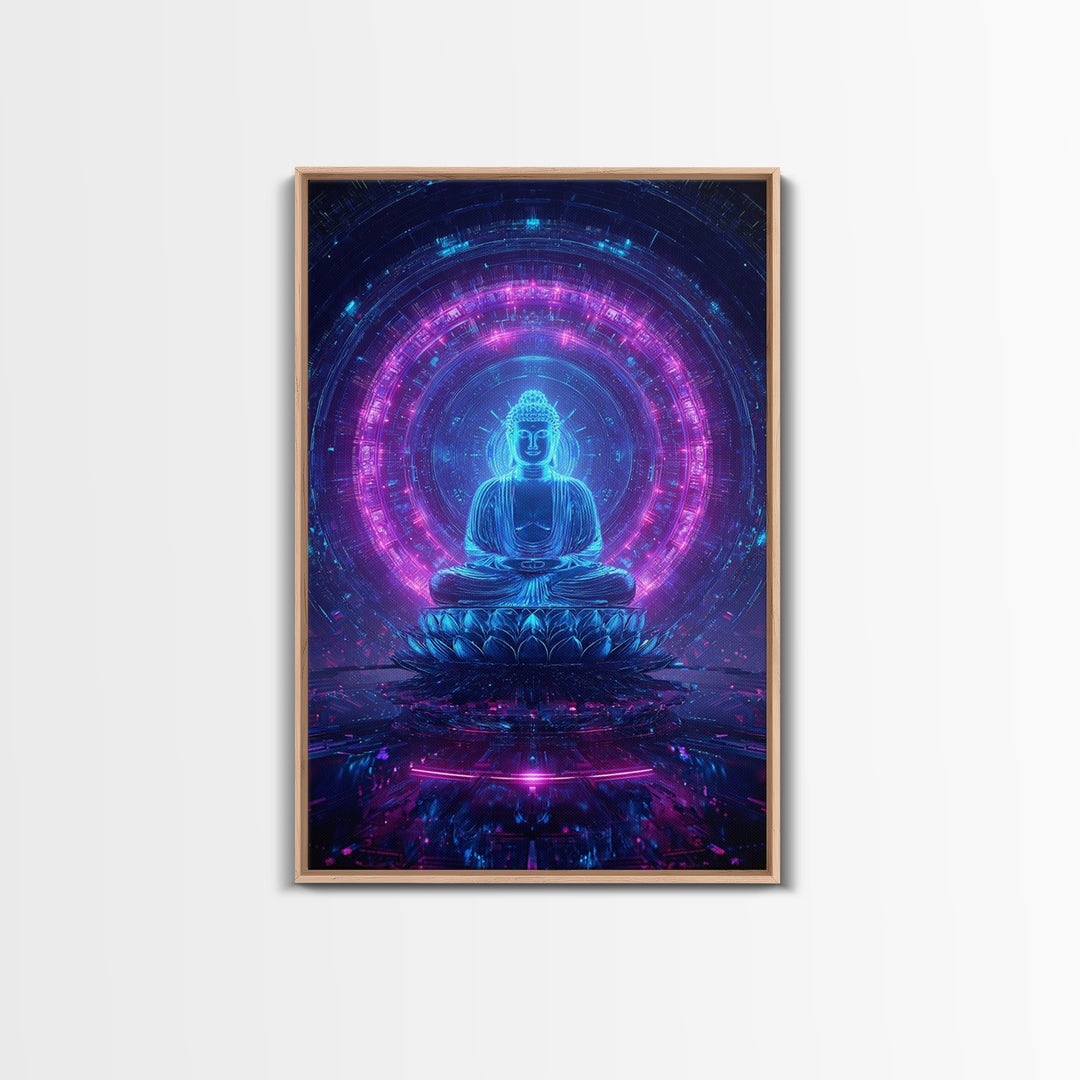 Futuristic Buddha Neon Cyber Meditation Spiritual Wall Art Framed Canvas Print for Modern Zen Home Decor