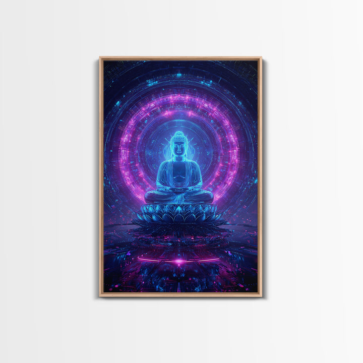 Futuristic Buddha Neon Cyber Meditation Spiritual Wall Art Framed Canvas Print for Modern Zen Home Decor