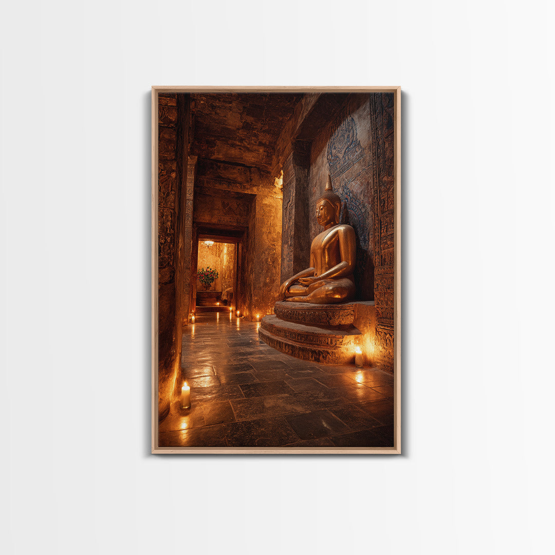 Ancient Temple Buddha Statue Lit By Candlelight Mystical Wall Art Canvas Print Sacred Asian Home Decor