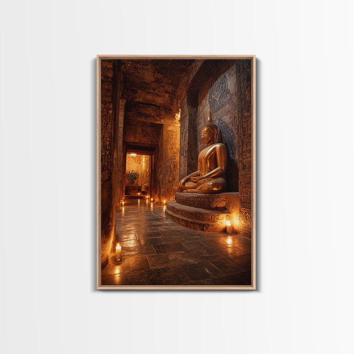 Ancient Temple Buddha Statue Lit By Candlelight Mystical Wall Art Canvas Print Sacred Asian Home Decor