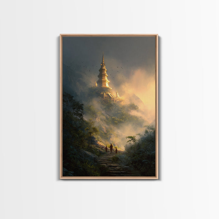 Mystical Misty Mountain Temple Landscape Wall Art Canvas Print For Spiritual Home Decor And Calming Living Room Decoration