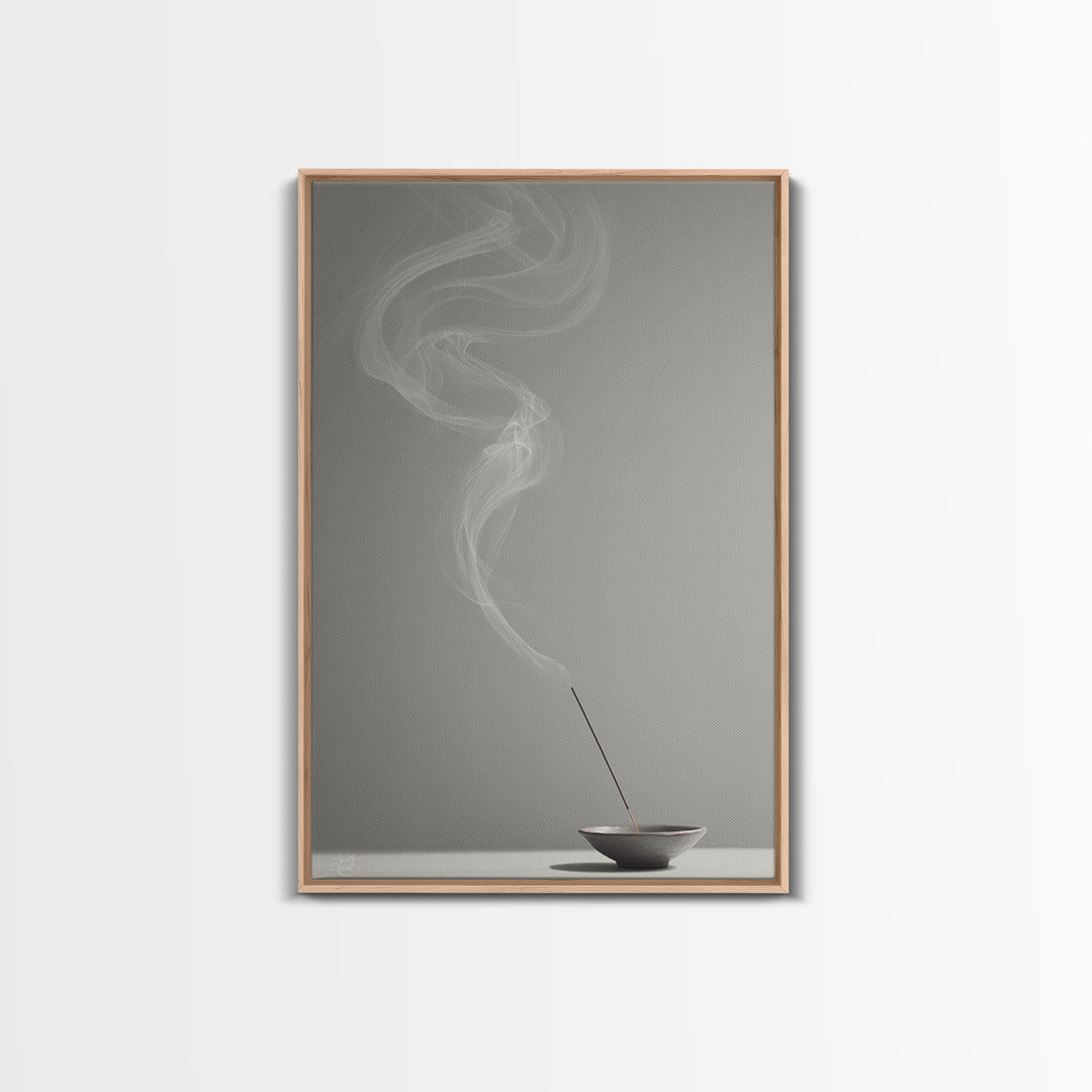 Mystical Incense Stick With Smoke Swirls On Minimalist Gray Background Canvas Print For Relaxation Spaces