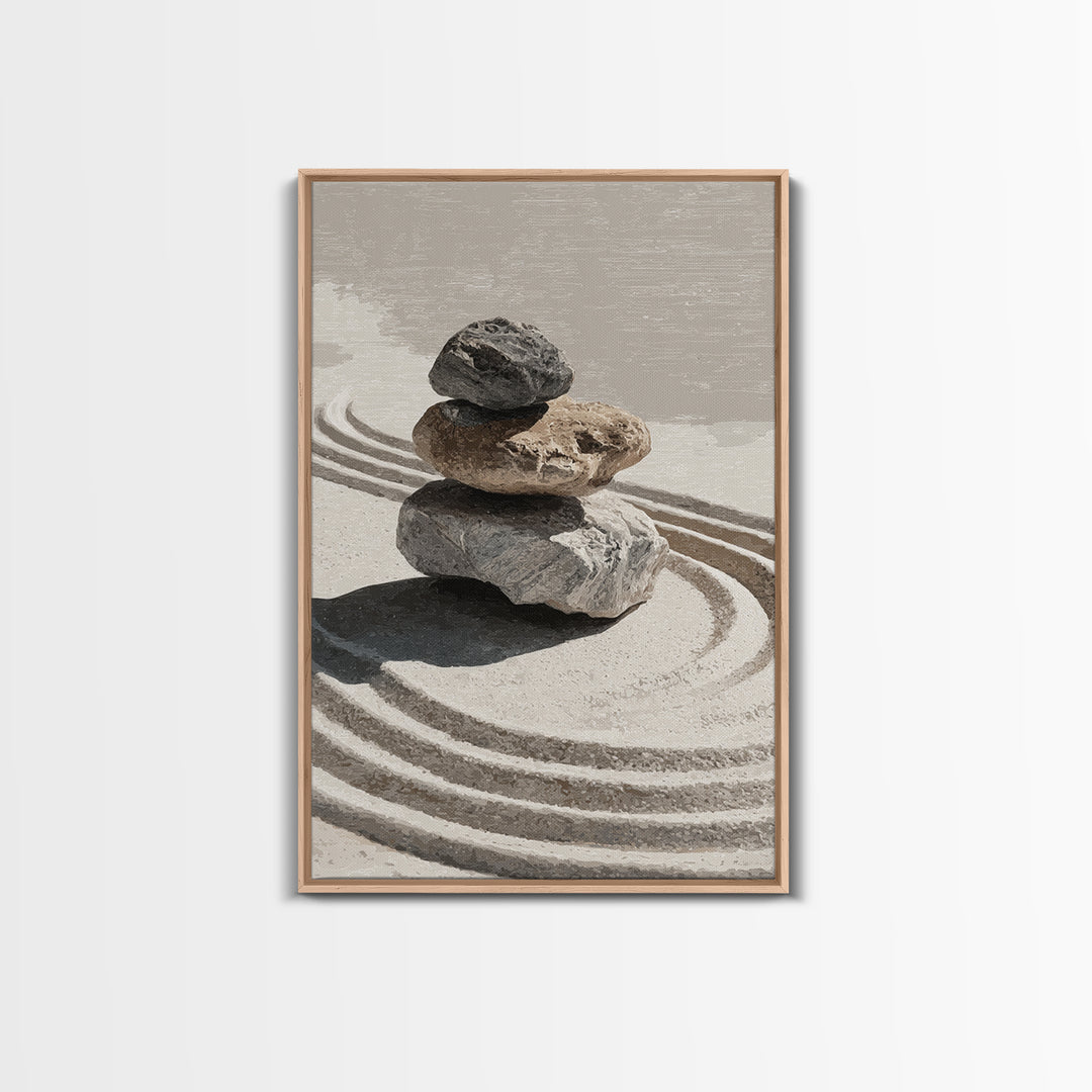 Zen Stones And Sand Minimalist Wall Art Print Tranquil Home Decor Framed Canvas Print