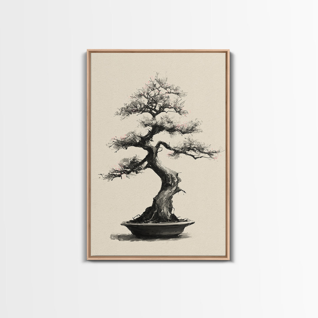 Delicate Bonsai Tree Traditional Ink Style Painting Wall Art Framed Canvas Print For Japanese Inspired Home Decor