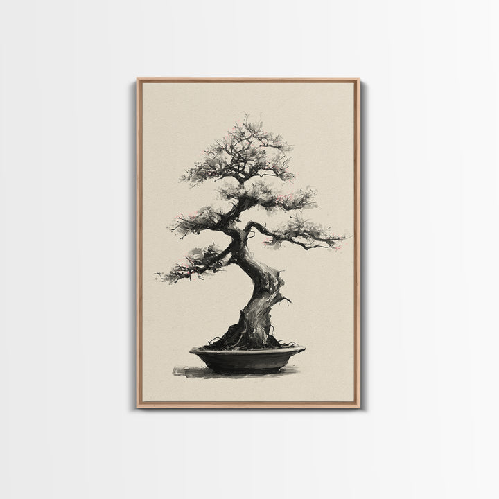 Delicate Bonsai Tree Traditional Ink Style Painting Wall Art Framed Canvas Print For Japanese Inspired Home Decor
