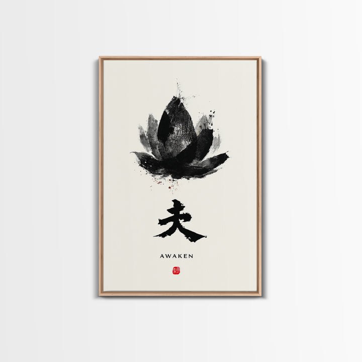 Abstract Black Lotus Flower Zen Awaken Japanese Calligraphy Painting Wall Art Framed Canvas Print Minimalist Home Decor