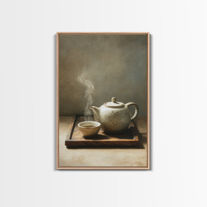 Minimalist Still Life With White Ceramic Teapot And Cup Steam Rising Wall Art Print Modern Canvas Print