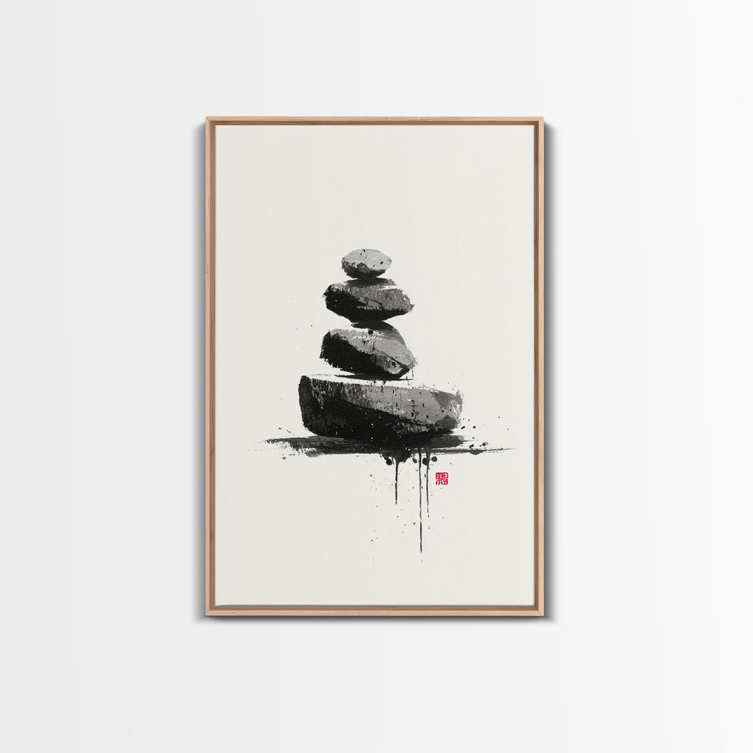 Zen Rock Balancing Japanese Ink Style Minimalist Wall Art Black And White Canvas Print For Modern Home Decor