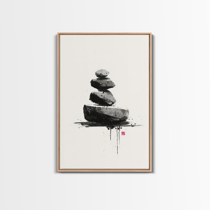 Zen Rock Balancing Japanese Ink Style Minimalist Wall Art Black And White Canvas Print For Modern Home Decor