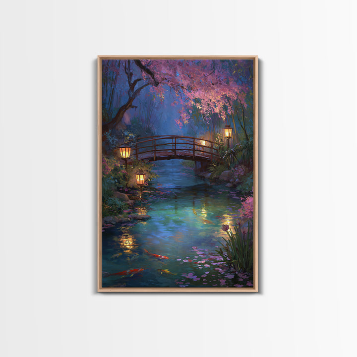 Serene Bridge Overpond With Glowing Lanterns And Koi Fish Wall Art Framed Canvas Print For Tranquil Home Decor