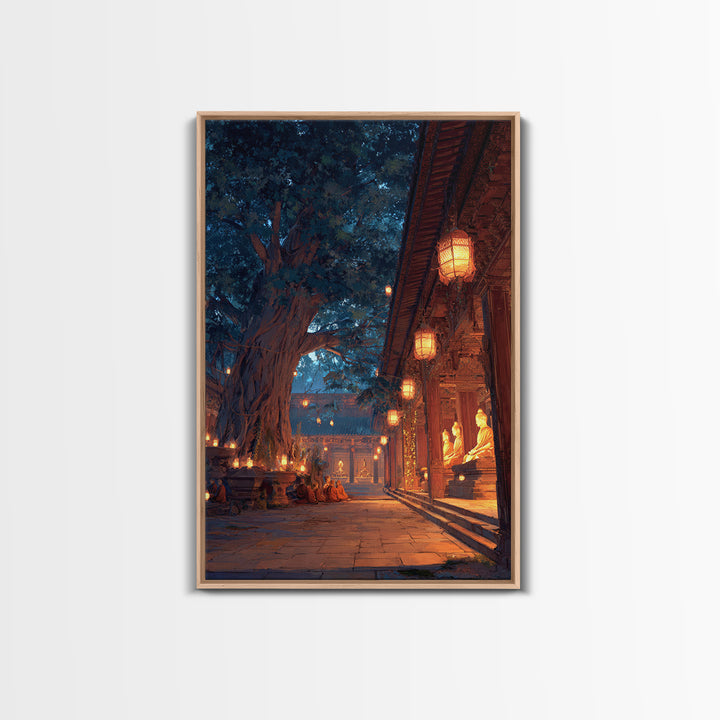 Peaceful Asian Temple And Monks At Dusk Digital Oil Painting Wall Art Canvas Print For Spiritual Home Decor