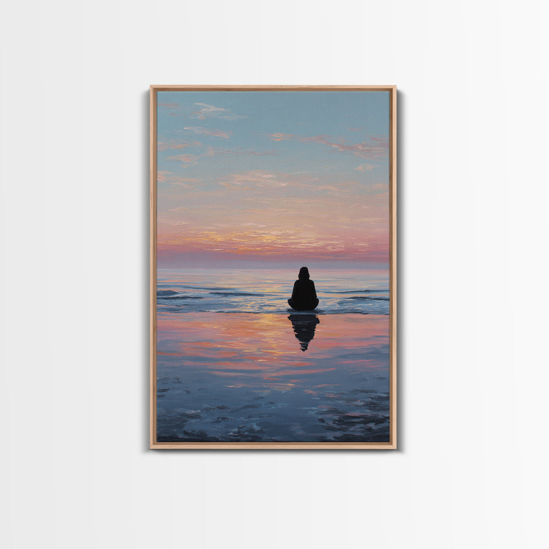 Serene Woman Meditating Beach Sunset Oil Painting Modern Wall Art Framed Canvas Print Peaceful Home Decor