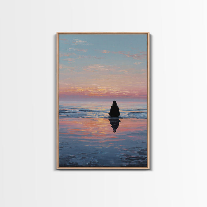 Serene Woman Meditating Beach Sunset Oil Painting Modern Wall Art Framed Canvas Print Peaceful Home Decor