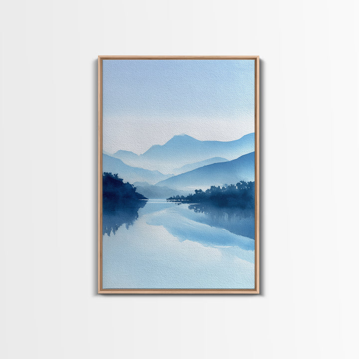 Tranquil Blue Mountain Landscape Painting Watercolor Style Canvas Print For Minimalist Bedroom And Office