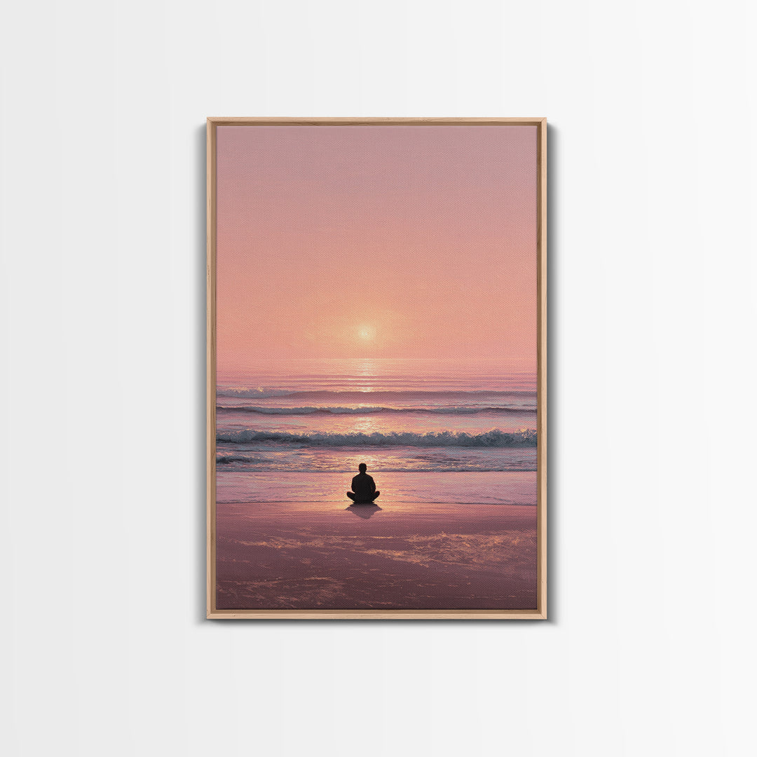 Meditative Seaside Sunset With Silhouette Sitting On Beach Wall Art Beautiful Ocean Canvas Print For Zen Home Decor
