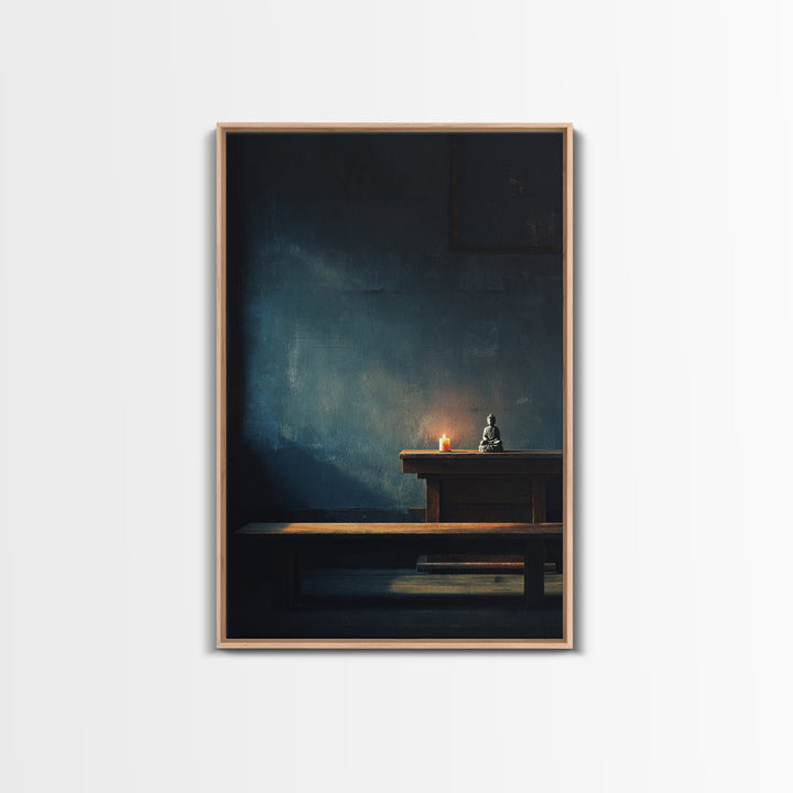 Serene Zen Meditation Room Wall Art Print With Buddha Statue And Candle Framed Canvas Print Minimalist Home Decor Tranquil Wall Art