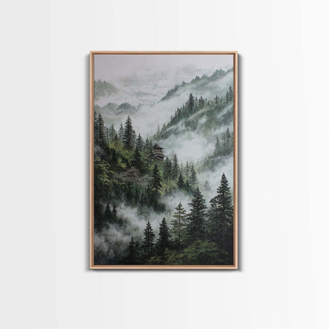 Mist Covered Mountain Landscape With Pine Trees And Hidden Cabin In The Forest Wall Art For Rustic Home Decor Canvas Print