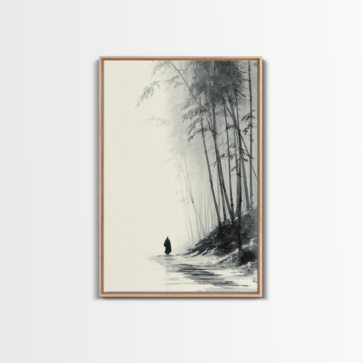 Minimalist Black And White Monochrome Painting Monk Walking In Bamboo Forest Wall Art Framed Canvas Print