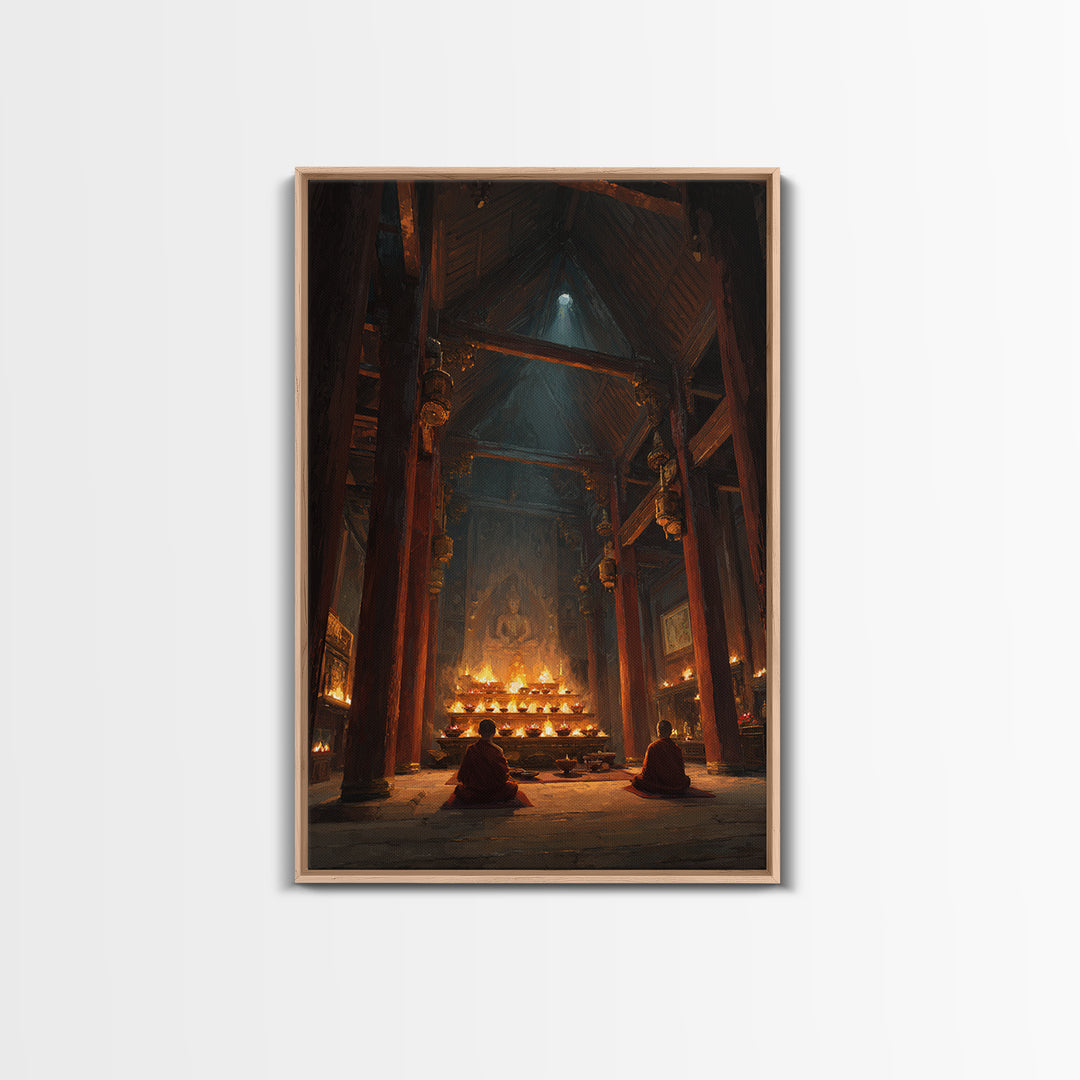 Ancient Temple Interior With Monks Meditating Spiritual Artwork Wall Art Framed Canvas Print For Meditation Room Decor