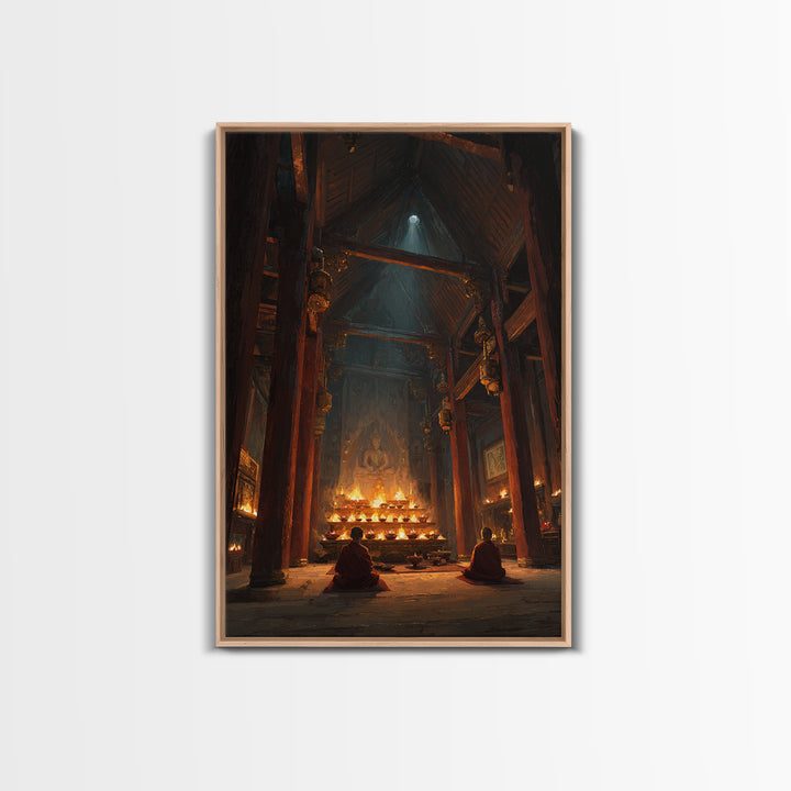 Ancient Temple Interior With Monks Meditating Spiritual Artwork Wall Art Framed Canvas Print For Meditation Room Decor