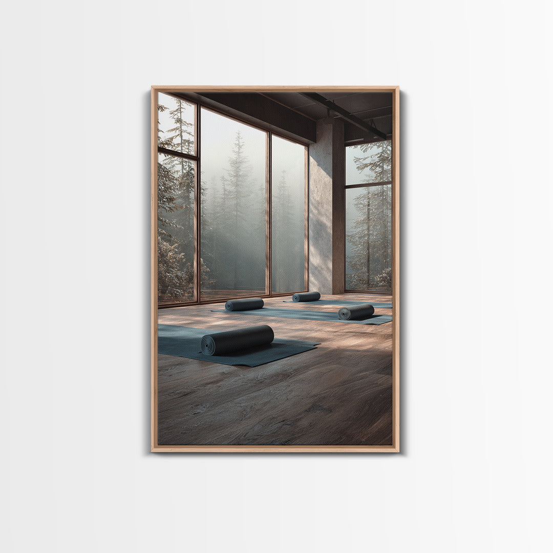 Tranquil Yoga Studio With Mountain View And Natural Light Wall Art Framed Canvas Print For Fitness And Wellness Spaces