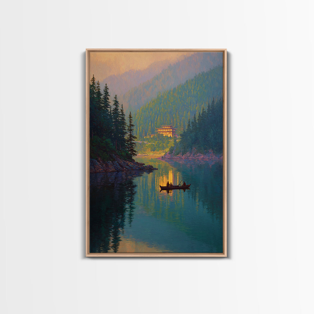 Serene Mountain Lake Landscape With Canoe Reflection Wall Art For Living Room Decor