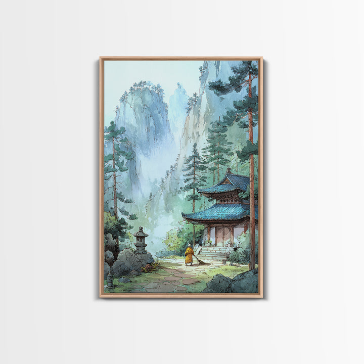 Serene Asian Temple Landscape With Misty Mountains And Lush Trees Wall Art Framed Canvas Print For Home Decor