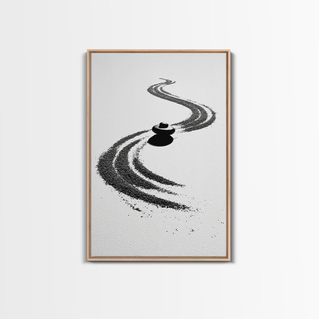 Zen Inspired Minimalist Sand And Stone Artwork Black And White Canvas Print For Modern Meditation Room Wall Art