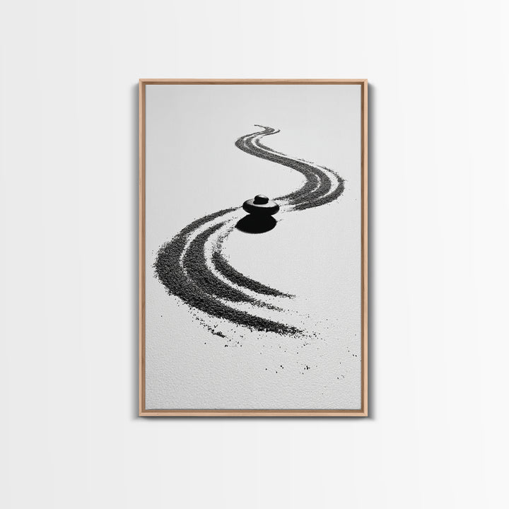 Zen Inspired Minimalist Sand And Stone Artwork Black And White Canvas Print For Modern Meditation Room Wall Art