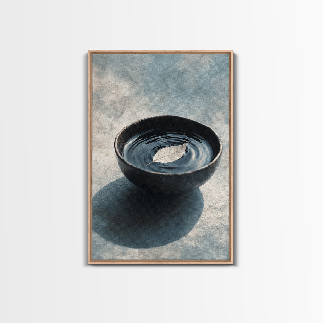 Minimalist Zen Black Bowl With Leaf Floating On Water Ripple Texture Wall Art Framed Canvas Print For Peaceful Home Decor