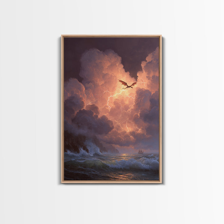 Storm Dragon Over Lightning Seas Wall Art Fantasy Seascape Canvas Print For Gothic Decor Dragon Art And Moody Coastal Room