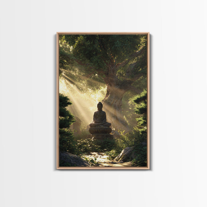Buddha Statue Meditation Nature Sunbeams Forest Wall Art Canvas Print For Spiritual Home Decor Framed Art