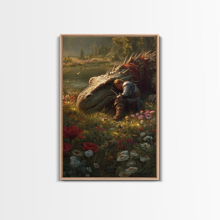 Sleeping Knight Beside Ancient Dragon Wall Art Fantasy Floral Meadow Canvas Print For Medieval Home Decor And Gift For Her