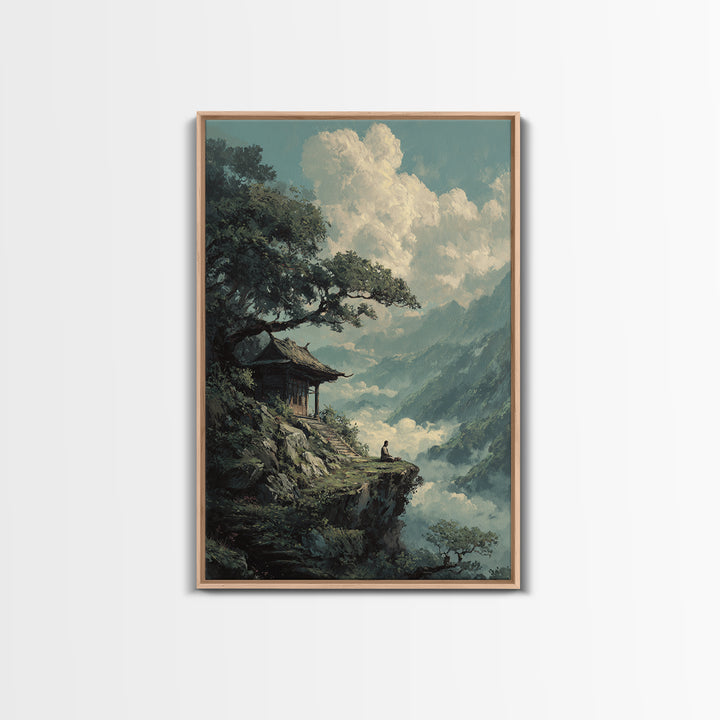 Tranquil Mountain Meditation Scene With Zen Garden Framed Canvas Print For Spiritual And Modern Home Wall Art Decor