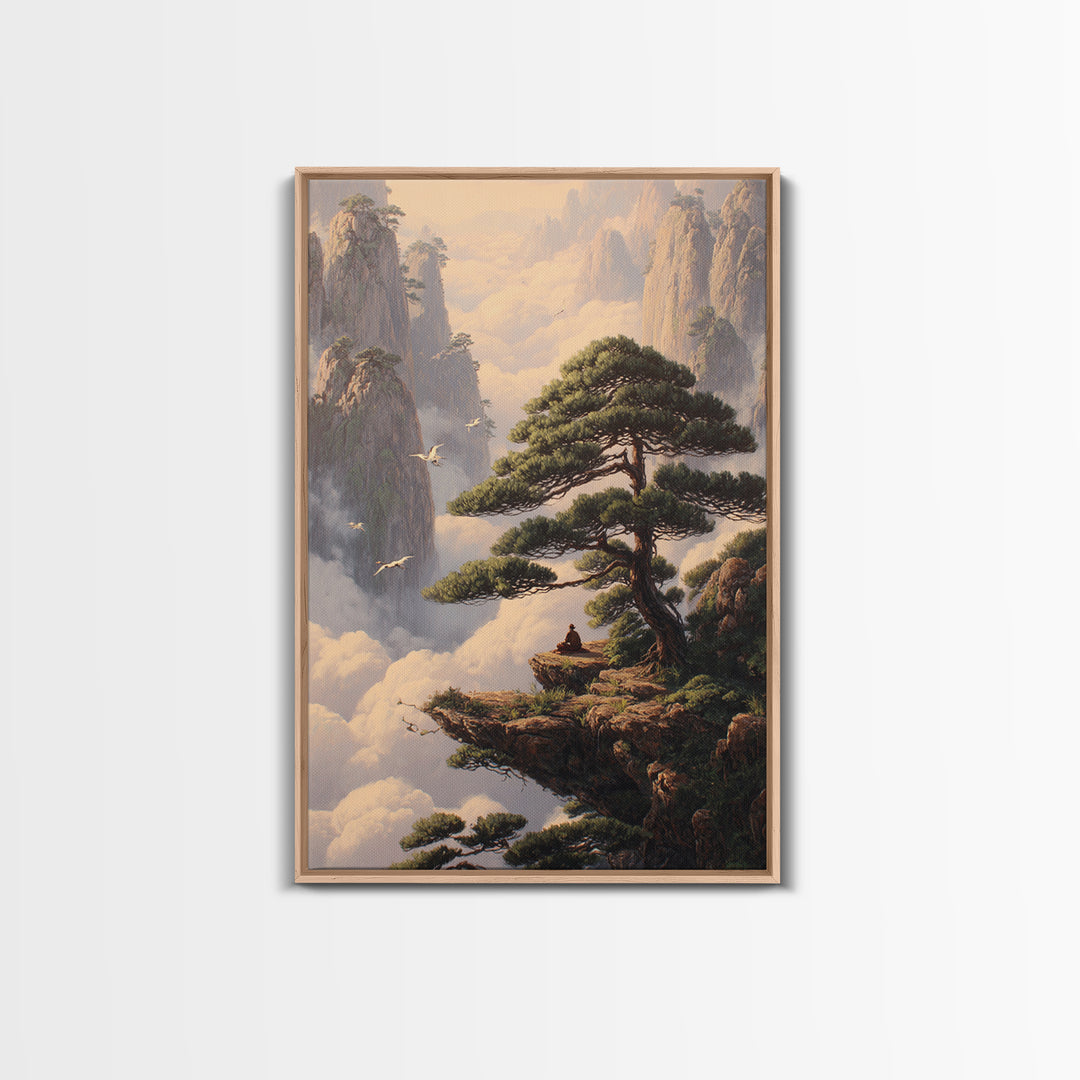 Meditative Man On Cliff Surrounded By Pines And Birds In Misty Mountains Wall Art Print For Tranquil Home Decor