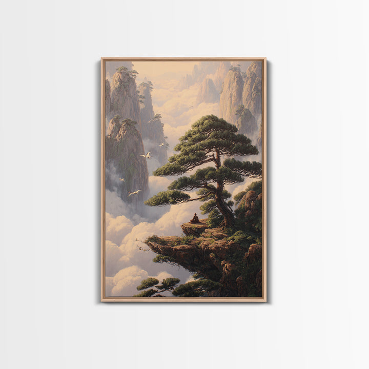 Meditative Man On Cliff Surrounded By Pines And Birds In Misty Mountains Wall Art Print For Tranquil Home Decor
