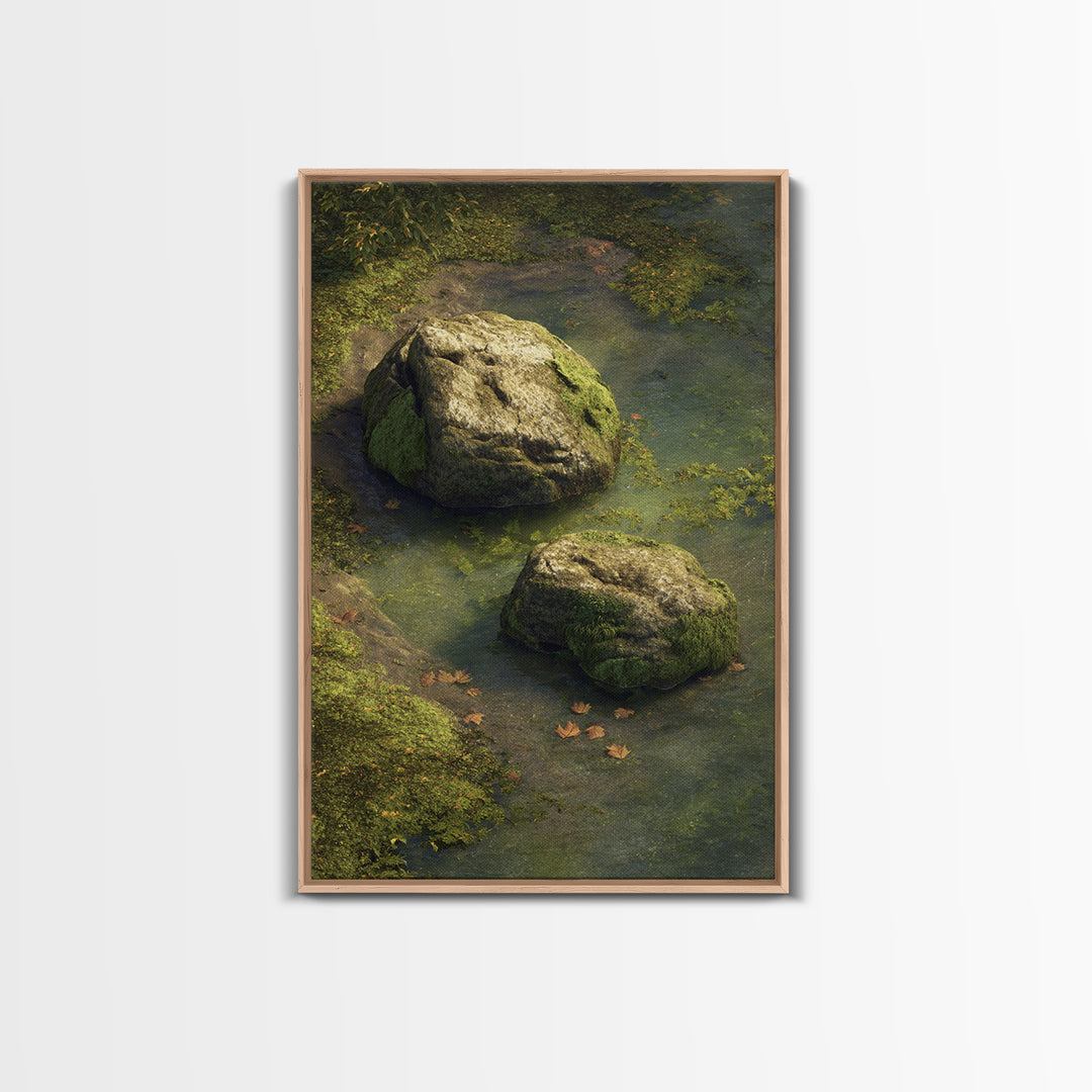 Peaceful Moss Covered Rocks In Quiet Woodland Stream Nature Wall Art Canvas Print For Calming Home Decor