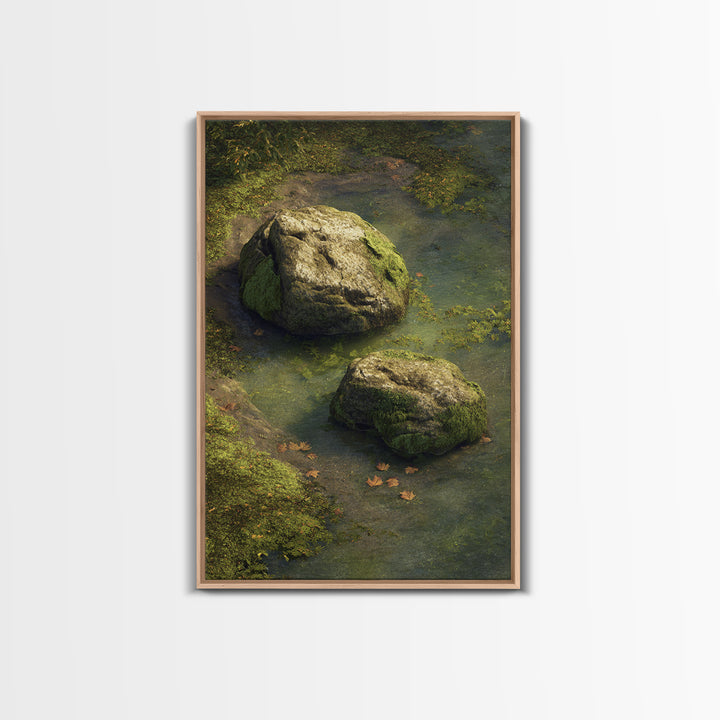 Peaceful Moss Covered Rocks In Quiet Woodland Stream Nature Wall Art Canvas Print For Calming Home Decor