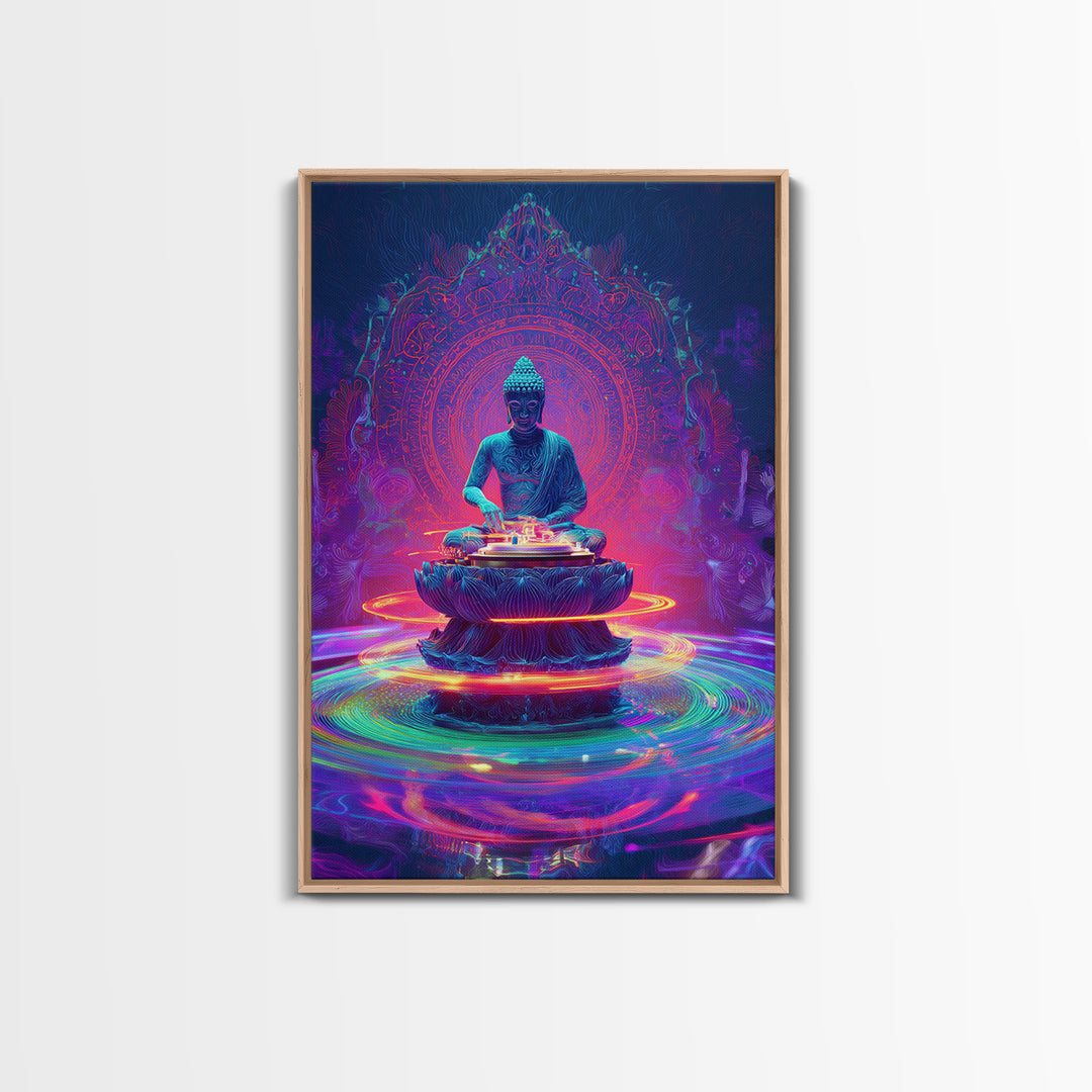 Vibrant Neon Buddha With Sacred Mandala And Energy Rings Wall Art Print Framed Canvas Print Spiritual Home Decor