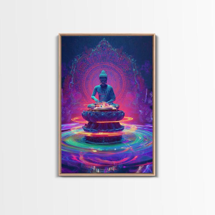 Vibrant Neon Buddha With Sacred Mandala And Energy Rings Wall Art Print Framed Canvas Print Spiritual Home Decor