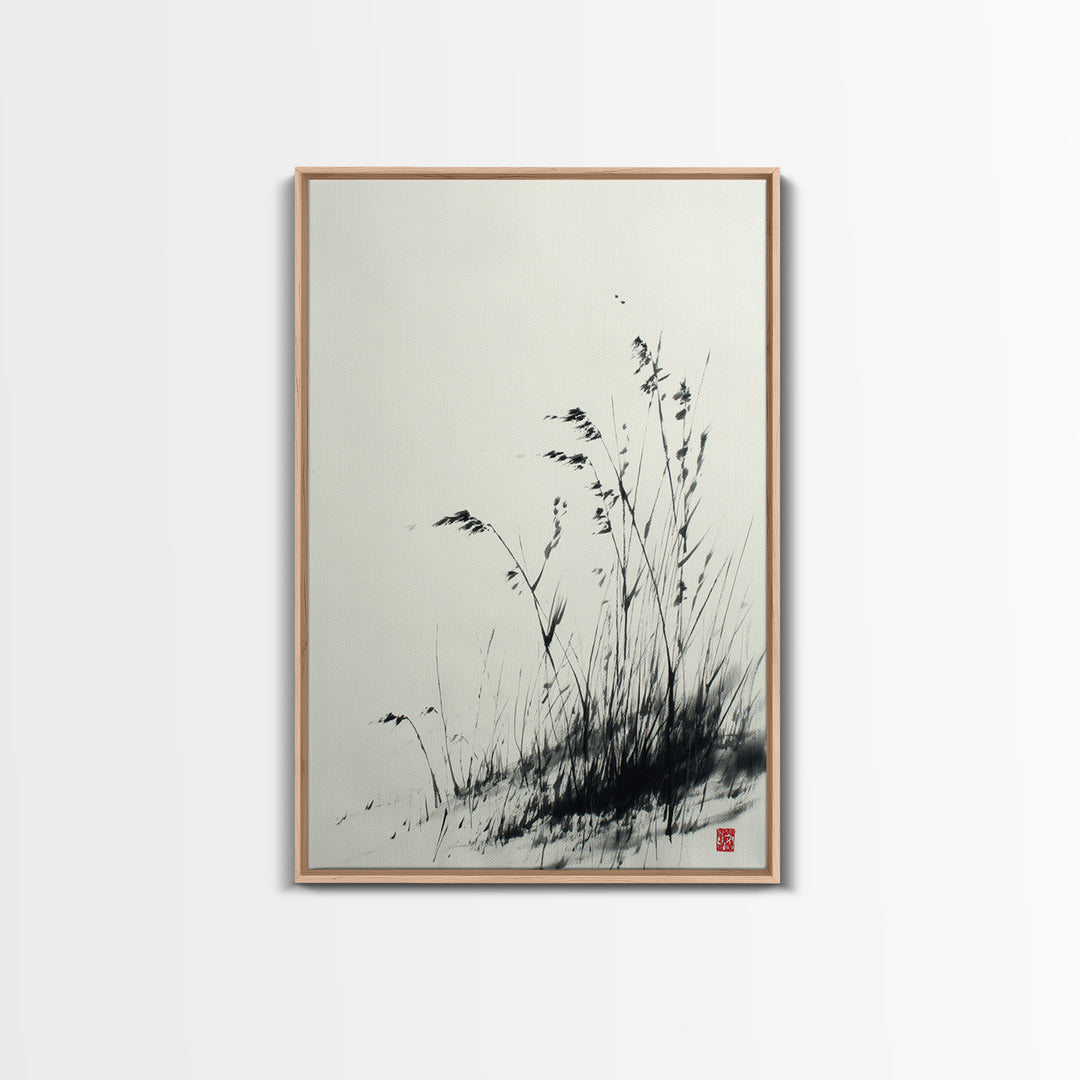Elegant Black And White Ink Painting Of Windblown Grass Minimalist Wall Art Framed Canvas Print Natural Home Decor