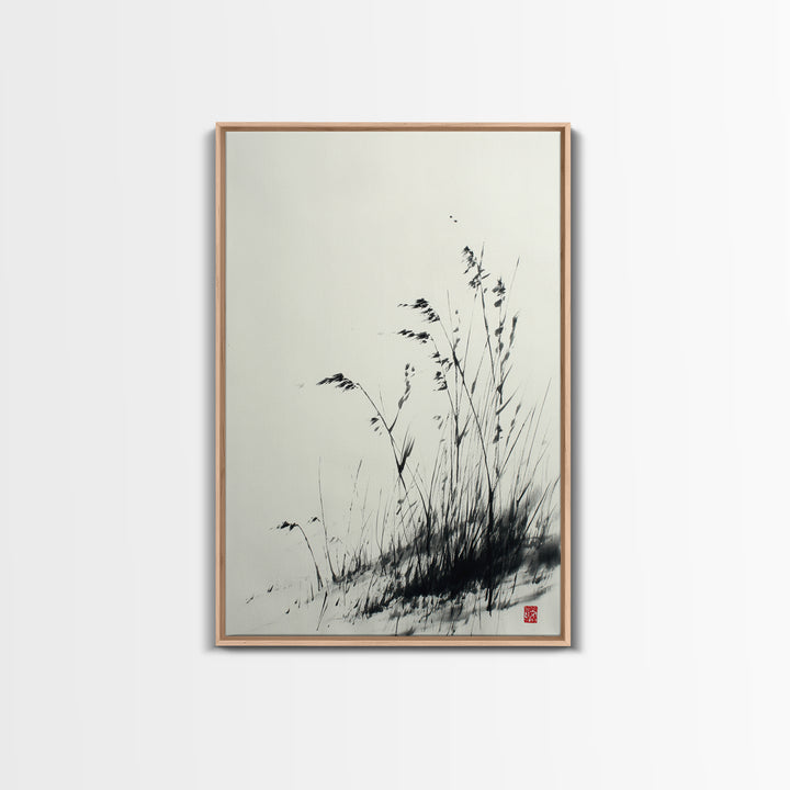Elegant Black And White Ink Painting Of Windblown Grass Minimalist Wall Art Framed Canvas Print Natural Home Decor