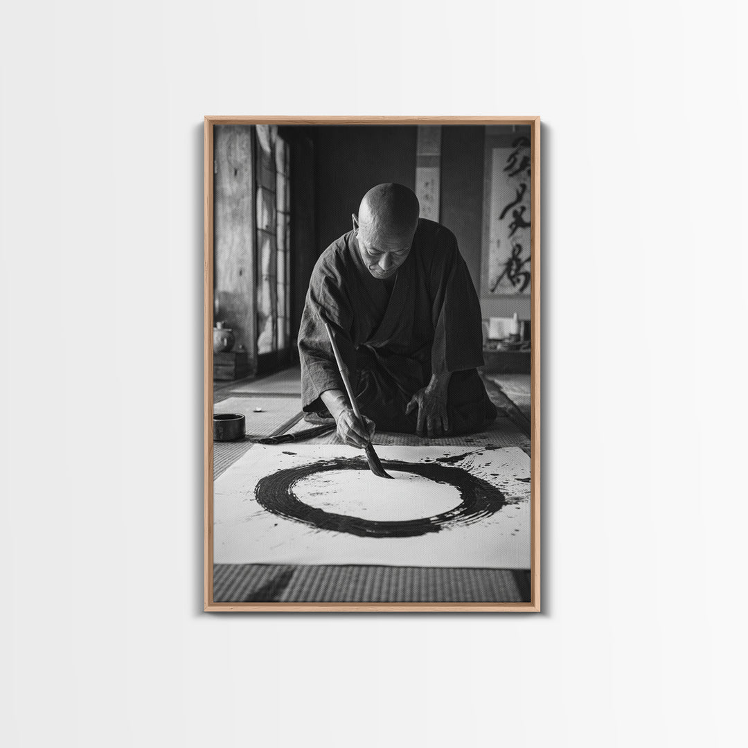 Black And White Fine Art Photography Of Japanese Calligraphy Artist Painting Circle Wall Art Framed Canvas Print