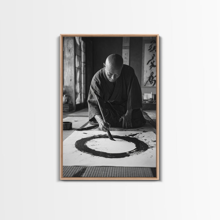Black And White Fine Art Photography Of Japanese Calligraphy Artist Painting Circle Wall Art Framed Canvas Print