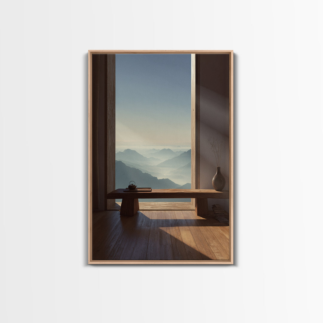 Serene Mountain Landscape from Window View Wall Art Canvas Print for Calm Minimalist Home and Office Decor