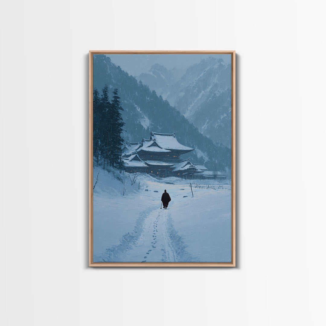 Serene Japanese Winter Landscape With Snow Covered Temple And Monk Pathway Wall Art Canvas Print For Home Decor