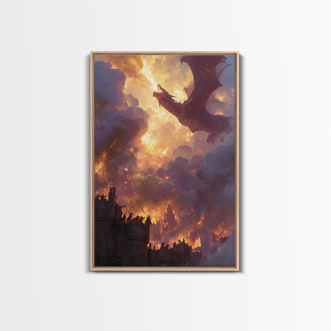 Red Dragon Above Burning Castle Wall Art Epic Fantasy Canvas Print For Gothic Decor Medieval Battle Art And Game Room Wall Decor