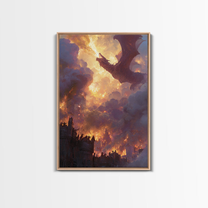 Red Dragon Above Burning Castle Wall Art Epic Fantasy Canvas Print For Gothic Decor Medieval Battle Art And Game Room Wall Decor