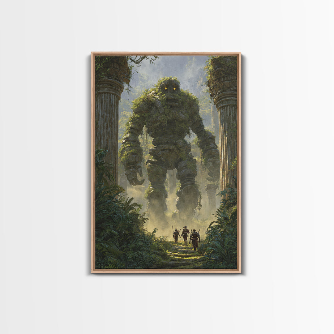 Moss Covered Stone Golem In Jungle Ruins Wall Art Fantasy Canvas Print For Nature Decor Adventure Art And Kids Room Wall Decor